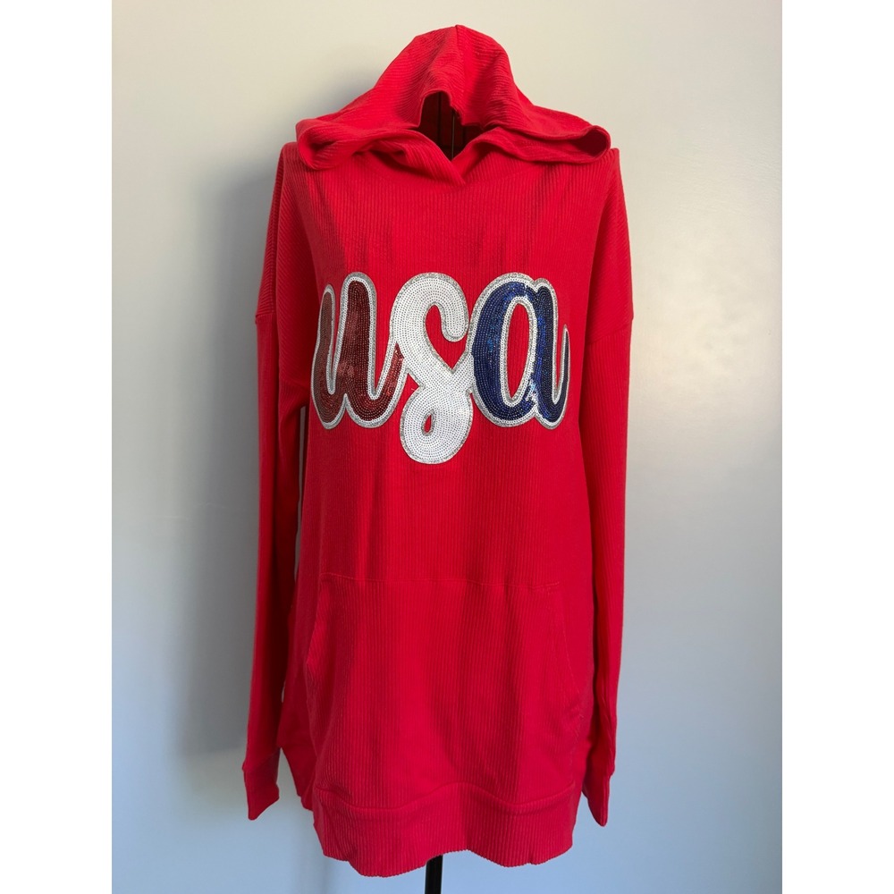 Michelle Mae Womens Red Ribbed USA Sequin Hoodie Sweatshirt Small NWT